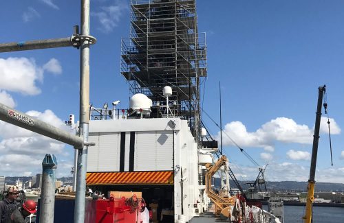 scaffold set up on a large ship