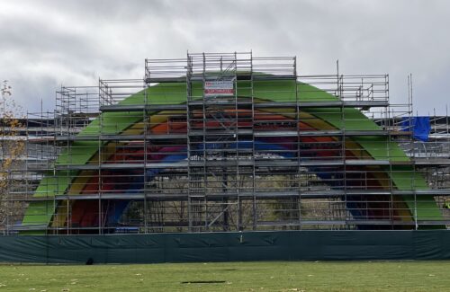 full front view of scaffolding at apple park archway