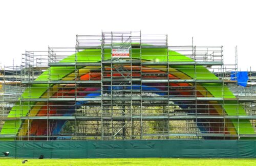 Zoomed out view of apple park scaffolding
